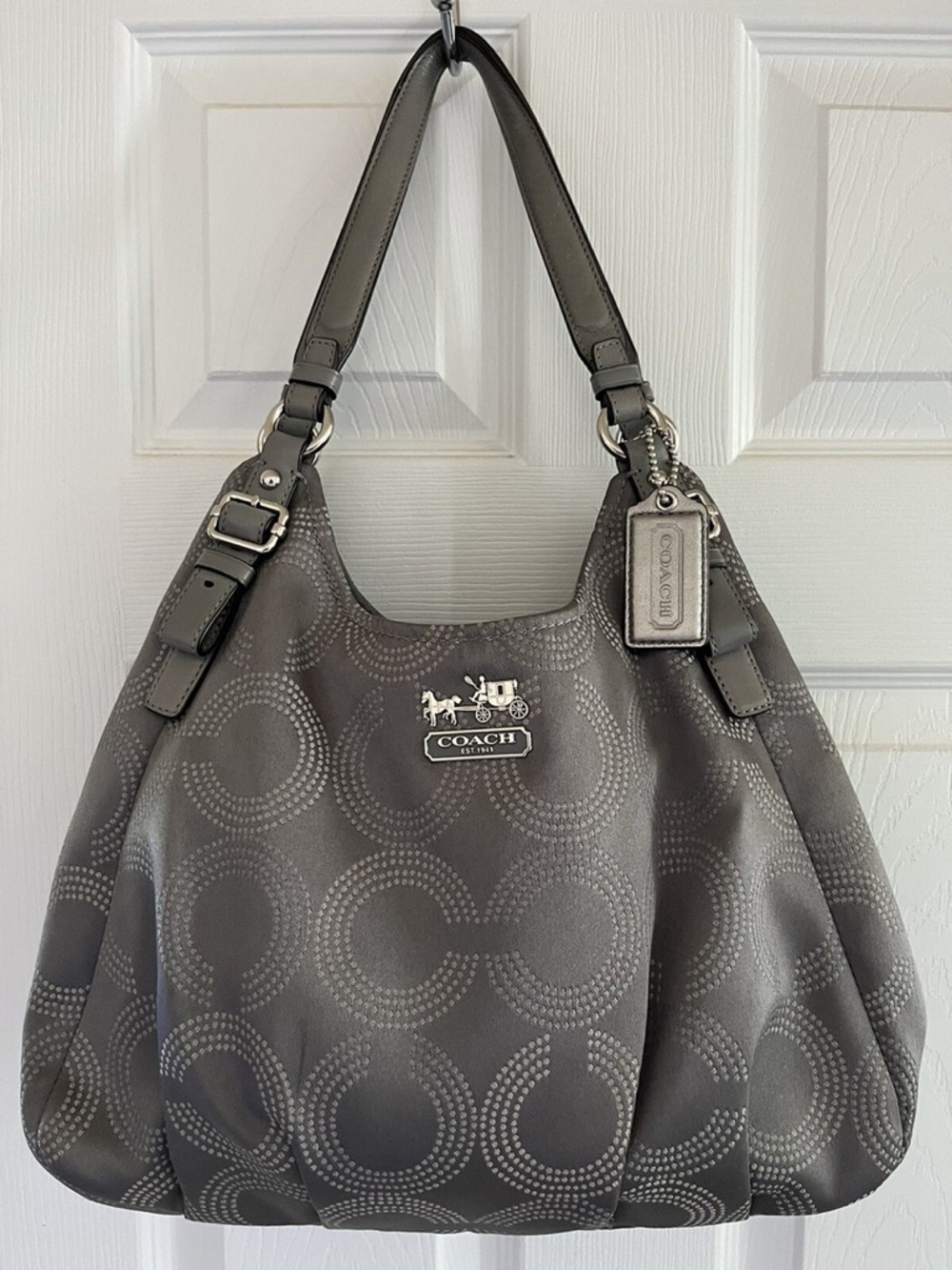 LIKE 🆕 Coach Madison Maggie Hobo shoulder bag in a grey dotted Op Art sateen